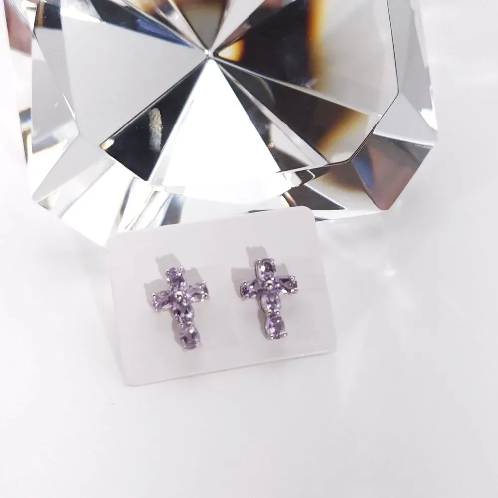 Amethyst Rose de France Cross Post Earrings